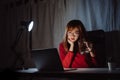 Korean woman working late time with laptop computer drinking water home office workhard overworked Royalty Free Stock Photo