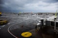 Korean worker people airline ground staff working prepare boeing plane take off flying to sky on runway while raining storm at