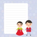 Koreans boy and girl in national costume and hat. Cartoon children Card design with Kawaii with lilac pastel colors polka dot