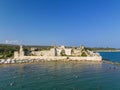 Korikos castle, Roman and Byzantine period work. Aerial bird\'s eye view, Erdemli, Mersin, Turkey Royalty Free Stock Photo