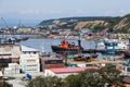 View of the commercial seaport on the shore of Aniva Bay, island Sakhalin, Russia