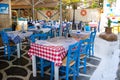 Kos, Greece - 24 July 2018. Greece taverna in Kos island. Traditional blue and white colors Royalty Free Stock Photo