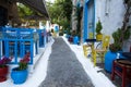 Kos, Greece - 24 July 2018. Greece taverna in Kos island. Traditional blue and white colors Royalty Free Stock Photo