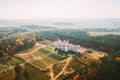 Kosava, Belarus. Aerial Bird`s-eye View Of Famous Popular Historic Landmark Kosava Castle. Puslowski Palace Castle
