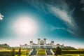 Kosava, Belarus. Summer Sun Shine Above Kosava Castle. It Is A Ruined Castellated Palace In Gothic Revival Style