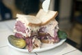 Kosher deli combination sandwich pastrami corned beef tongue cole slaw and Russian dressing Royalty Free Stock Photo