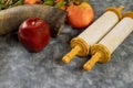 Kosher fruit, pomegranates, apples a honey jar that symbolizes the holiday Jewish New Year on Rosh Hashanah and shofar