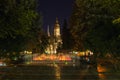 Kosice, Slovakia. Evening View At The Singing Fountains Spievajuca Fontana And Saint Elisabeth Cathedral On The Main Square