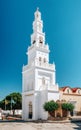 Typical greek architecture. White belfry of church  in small village Koskoinou in Rhodes island in Greece Royalty Free Stock Photo