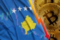 Kosovo flag and cryptocurrency falling trend with many golden bitcoins