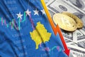 Kosovo flag and cryptocurrency falling trend with two bitcoins on dollar bills