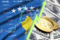 Kosovo flag and cryptocurrency growing trend with two bitcoins on dollar bills