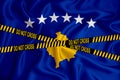 Kosovo flag, the Don`t Cross the Line mark and the location tape. Crime concept, police investigation, quarantine. 3d rendering
