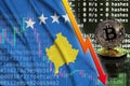 Kosovo flag and falling red arrow on bitcoin mining screen and two physical golden bitcoins