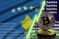 Kosovo flag and rising green arrow on bitcoin mining screen and two physical golden bitcoins