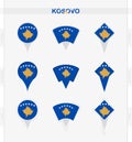 Kosovo flag, set of location pin icons of Kosovo flag