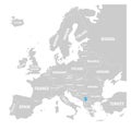 Kosovo marked by blue in grey political map of Europe. Vector illustration