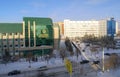 Kostanay - Kazakhstan - January 15, 2021: Halyk bank building exterior on blue sky background in winter time.