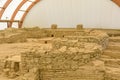 KOSTOLAC, SERBIA - JULY 21, 2019 Ruins of old Roman Bathhouse at Viminacium archeological site near Danube river in Serbia covered