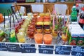 Kostroma, Russia - 2021.02.04: Assorted multi-colored drinks - lemonade, strawberry compote, juice, tea without tea