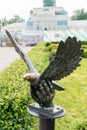Kostroma, Russia, July 8, 2023. Bronze dove of peace on the central square.