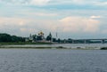 Kostroma, Russia, July 8, 2023. The Volga River and the bridge at the Ipatiev Monastery. Royalty Free Stock Photo