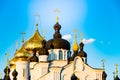 Kostroma, Russia. May 23,2021. Orthodox church with golden domes with crosses. Christian temple Royalty Free Stock Photo