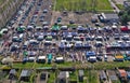 KOSZALIN, POLAND - 07 APRIL 2019 - Aerial view on Koszalin`s Gielda miscellaneous sunday market filled with crowds of buyers and