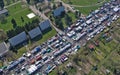 KOSZALIN, POLAND - 07 APRIL 2019 - Aerial view on Koszalin`s Gielda miscellaneous sunday market filled with crowds of buyers and