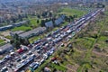 KOSZALIN, POLAND - 07 APRIL 2019 - Aerial view on Koszalin`s Gielda miscellaneous sunday market filled with crowds of buyers and