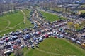 KOSZALIN, POLAND - 07 APRIL 2019 - Aerial view on Koszalin`s Gielda miscellaneous sunday market filled with crowds of buyers and