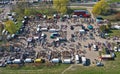 KOSZALIN, POLAND - 07 APRIL 2019 - Aerial view on Koszalin`s Gielda miscellaneous sunday market filled with crowds of buyers and