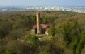 KOSZALIN, POLAND - 30 MARCH 2019 - Aerial view on brick watch tower at Gora Chelmska mountain in deep forest during spring. Royalty Free Stock Photo