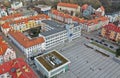 KOSZALIN, POLAND - 06 MARCH 2019 - Aerial view on city Koszalin, area of city Town Hall, Executioner House, PKO Bank, Museum and