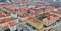 Koszalin, Poland - 06 March 2019 - Aerial view on Koszalin city, Zwyciestwa street area with townhouses, Town Hall and historical