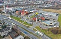 KOSZALIN, POLAND - 06 MARCH 2019 - Aerial view on Monte Cassion street with McDonalds restaurant, Lidl market, Shell petrol