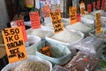 Various kinds of rice on basket for sale