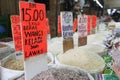 Various kinds of rice on basket for sale