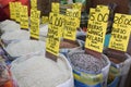 Various kinds of rice on basket for sale