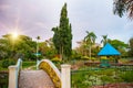 KOTA KINABALU, SABAH, MALAYSIA Ã¢â¬â MARCH 2017: Overgrown pond with water lilies in the evening at the bridge in the Park. Malaysia Royalty Free Stock Photo