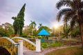 KOTA KINABALU, SABAH, MALAYSIA Ã¢â¬â MARCH 2017: Overgrown pond with water lilies in the evening at the bridge in the Park. Malaysia Royalty Free Stock Photo