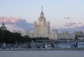 Kotelnicheskaya Naberezhnaya stalinist architecture style skyscraper near to moskva river in blue sunset