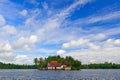 Kothduwa temple, or Koth Duwa Raja Maha Viharaya, Buddhist temple, Madu Ganga clouds with dark blue sky. Bentota river, Sri Lanka.