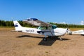 Four-seat light all-metal single-engined piston-powered airplane Cessna 172N Skyhawk II OH-CAZ displayed on Karhula aviation