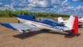 Tandem two-seat single-engined piston-powered homebuilt low-wing aircraft Vans RV-8 OH-XEZ displayed at Kymi EFKY airfield. Royalty Free Stock Photo