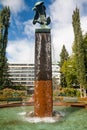 Kotka, Finland - September 27, 2018: A sculpture fountain Kotkat in Sibelius park. Short exposure photo