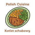 Kotlet Schabowy. Pork cutlet coated with breadcrumbs with potatoes and cabbage Royalty Free Stock Photo