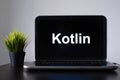 Kotlin programming language. Programming training, the concept of computer courses. Laptop on the table