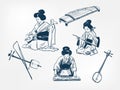 Koto sanshin kokyu japanese vector sketch illustration engraved chinese musical instrument kimono girl