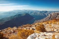 Kotor bay. Montenegro. Landscape. Bench above of mountain ridge